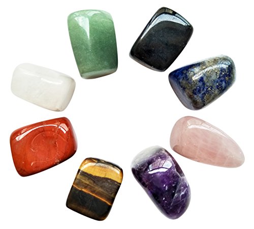 Product Cover Chakra Stones Healing Crystals Set of 8, Tumbled and Polished, for 7 Chakras Balancing, Crystal Therapy, Meditation, Reiki, or as Thumb Stones, Palm Stones, Worry Stones