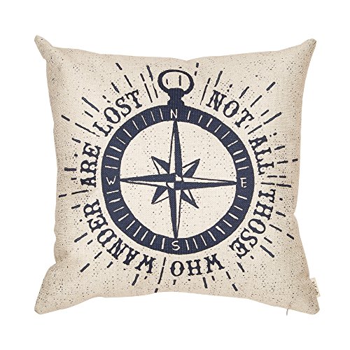Product Cover Fjfz Not All Those Who Wander Are Lost Inspirational Travel Quote Decoration with Nautical Compass Rose Vintage Décor Cotton Linen Home Decorative Throw Pillow Case Cushion Cover Sofa Couch, 18