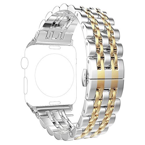Product Cover ImmSss Apple Watch Bands 38mm 42mm for Women Men,Solid Stainless Steel Cowboy Bracelet Style Strap for Apple Watch Series 3 Series 2 Series 1 (Silver+Gold, 42MM)