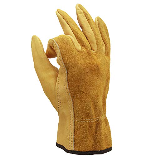 Product Cover OZERO Leather Work Gloves, Genuine Cowhide Construction Glove with Elastic Wrist for Men & Women - Good Grip & Flexible for Heavy Duty/Truck Driving/Warehouse/Gardening/Farm - Yellow (1 Pair/Large)