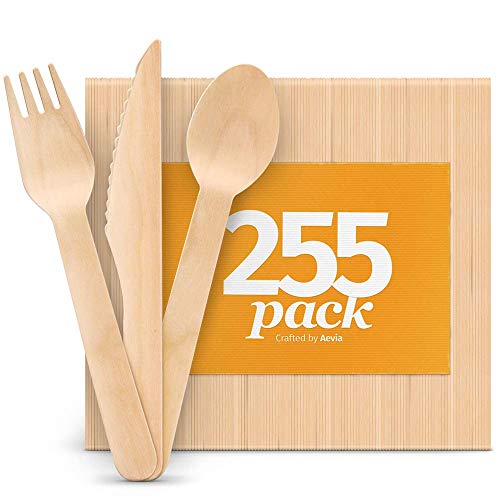 Product Cover Disposable Wooden Cutlery Set - Natural, Eco-Friendly, Biodegradable, Compostable - Great Alternative to Plastic or Bamboo Utensils - Pack of 255 (85 Forks, 85 Spoons, 85 Knives - 6.5