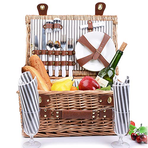 Product Cover SatisInside New 2020 USA Insulated Deluxe 16Pcs Kit Wicker Picnic Basket Set for 2 People - Reinforced Handle - Grey Stripes
