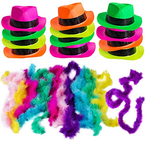Product Cover Neon Party Supplies - 80's Style, Neon Gangster Hats, Fedora Party Hats W/Neon Mini Boas - Party Dress Up by Funny Party Hats (Fedora Hats with Mini Boas)