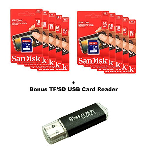 Product Cover Lot of 10 SanDisk 16GB SD SDHC Class 4 Flash Memory Camera Card SDSDB-016G-B35 Pack + SD/TF USB Card Reader