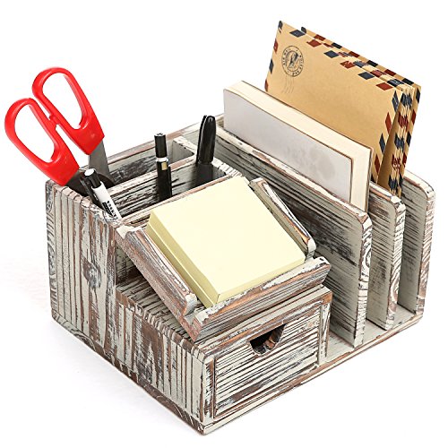 Product Cover MyGift Torched Wood Desktop Office Organizer w/Sticky Note Pad Holder, Mail Sorter & Pullout Drawer
