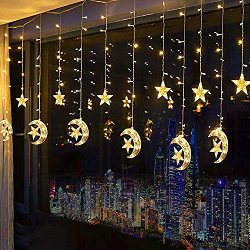 Product Cover Led Star Curtain Lights, Moon Star String Light 138 LEDs 250CM Length with 8 Modes Plug in Fairy Lights Christmas Window Curtains Light for Home Decoration (Multicolor)