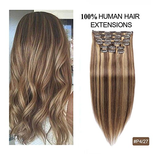 Product Cover Human Hair Extensions Clip On, Re4U Balayage Hair Extensions Clip in Human Hair Extensions 16inch Highlight Blonde Multi Color Mixed Chocolate Brown(#4/27 10pcs 16