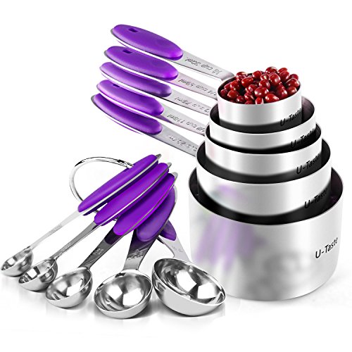Product Cover Measuring Cups : U-Taste 18/8 Stainless Steel Measuring Cups and Spoons Set of 10 Piece, Upgraded Thickness Handle(Purple)