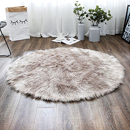 Product Cover LEEVAN Plush Sheepskin Style Round Throw Rug Faux Fur Elegant Chic Style Cozy Shaggy Round Rug Floor Mat Area Rugs Home Decorator Super Soft Carpets Kids Play Rug, Coffee 4 ft Diameter