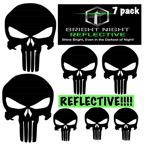 Product Cover Punisher skull sticker pack decal set black reflective 2 large skulls 2 medium 3 small skull sticker for car decals like Chris kyle american Sniper motorcycle helmet jeep window trucks bicycle safety