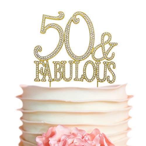 Product Cover 50&Fabulous GOLD Birthday Cake Topper | 50th Party Decoration Ideas | Premium Sparkly Crystal Diamond Gems | Quality Metal Alloy (50&Fab Gold)