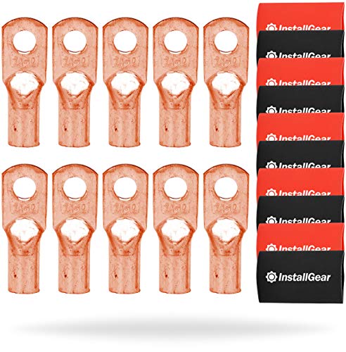 Product Cover InstallGear 1/0 Gauge AWG Pure Copper Lugs Ring Terminals Connectors with Heat Shrink - 10-Pack