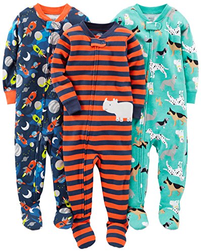Product Cover Simple Joys by Carter's Baby Boys' 3-Pack Snug Fit Footed Cotton Pajamas, Dogs/Space/Rhino, 12 Months
