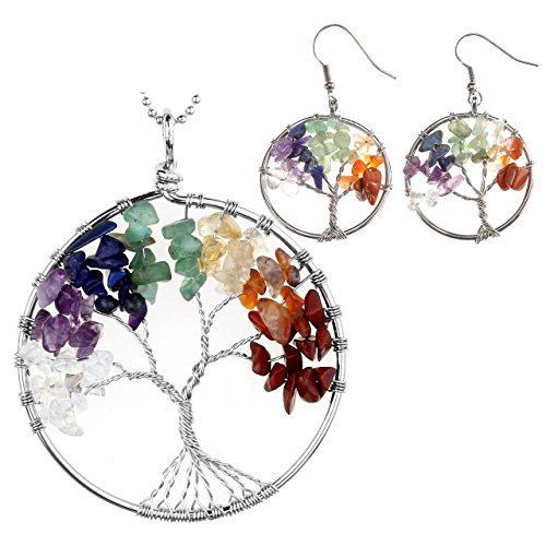 Product Cover Jovivi 7 Chakras Healing Crystal Quartz Tree of Life Necklace & Earrings Jewelry Set