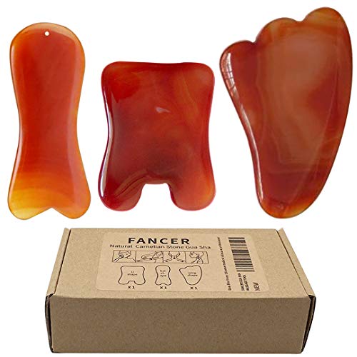 Product Cover Gua Sha Scraping Massage Tools, FANCER (3 PCS) Natural Carnelian Red Agate Gemstone Jade Crystal Healing Stone Scraper Board for Body Face SPA Acupuncture Therapy Trigger Point Treatment