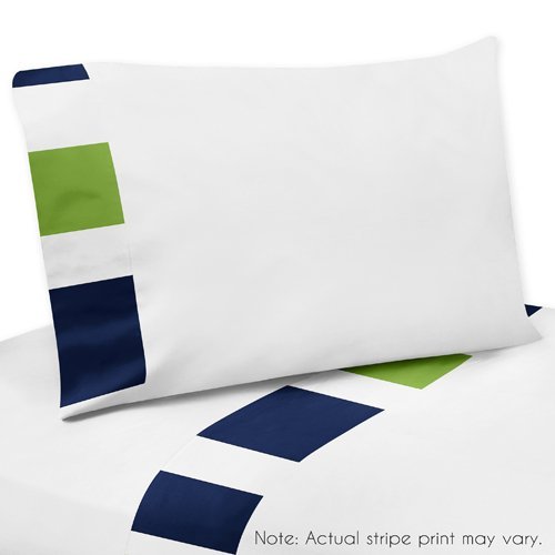 Product Cover Sweet Jojo Designs 4-Piece Navy Blue, Lime Green and White Queen Sheet Set for Stripe Bedding Collection