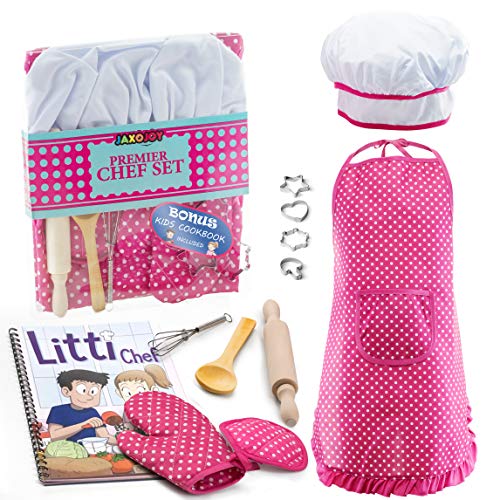 Product Cover JaxoJoy Complete Kids Cooking and Baking Set - 11 Pcs Includes Apron for Little Girls, Chef Hat, Mitt & Utensil for Toddler Dress Up Chef Costume Career Role Play for 3 Year Old Girls and Up.