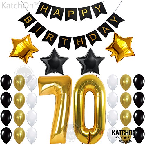 Product Cover Gold 70th Birthday Decorations Kit - Large, Pack of 35 | Gold Number 7 and 0 Party Balloons Supplies | Black Happy Birthday Banner, Pompoms and Latex Balloon | 70's Theme Party for Adult