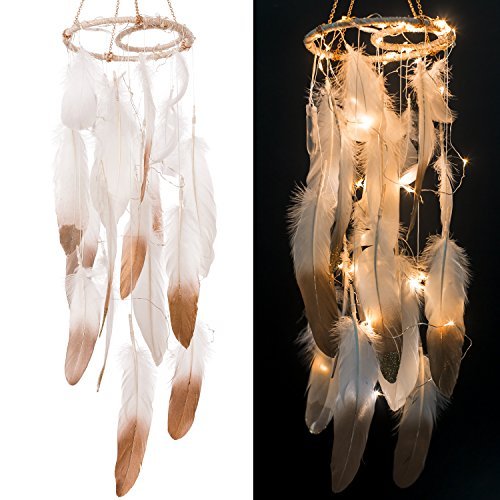 Product Cover Ling's moment Feather Dream Catcher for Bedroom Mobile LED Fairy Lights Battery Powered Hanging Ornaments with Gold Dipped Glitter Feathers Bohemian Wedding Boho Decorations Nursery Decor