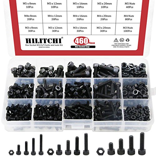 Product Cover Hilitchi 460-Piece Alloy Steel Socket Cap Screws Hex Head Bolt Nuts Assortment Kit with Box, M3 M4 M5 Thread Size, Black Oxide Finish
