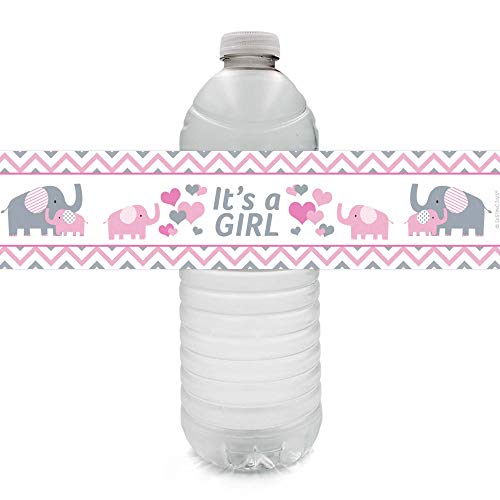 Product Cover Pink and Gray Elephant Girl Baby Shower Water Bottle Labels - 24 Stickers