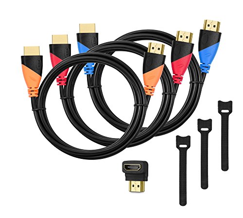 Product Cover High-Speed HDMI Cable(3 Pack)-6ft with Gold Plated Corrosion Resistant Connectors, Bonus Right Angle Adapter and Cable Tie, Support Ethernet, 3D,1080P