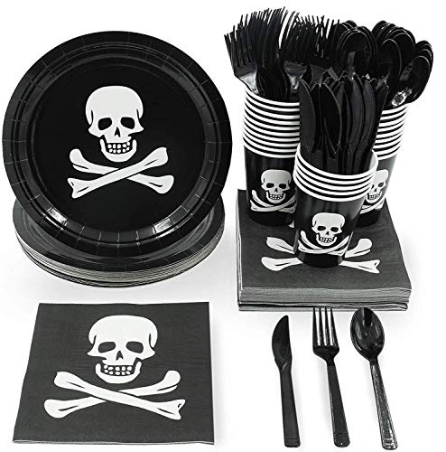 Product Cover Juvale Pirate Skull and Crossbones Birthday Party Supplies - Serves 24 - Includes Plates, Knives, Spoons, Forks, Cups and Napkins