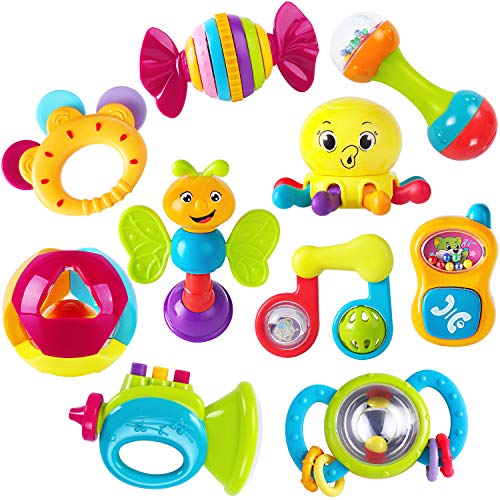 Product Cover iPlay, iLearn 10pcs Baby Rattles Teether, Shaker, Grab and Spin Rattle, Musical Toy Set, Early Educational Toys for 3, 6, 9, 12 Month Baby Infant, Newborn