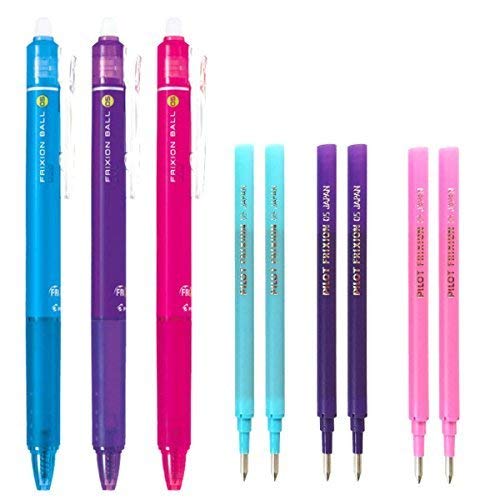 Product Cover Pilot FriXion Ball Knock Retractable Erasable Gel Ink Pens, Extra Fine Point 0.5mm, Pink/Violet/Light Blue Ink, 3 Pens & 6 Refills Value Set