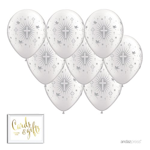 Product Cover Andaz Press Printed Latex Balloon Party Kit with Gold Cards & Gifts Sign, Cross Doves Silver, 8-Pk, for Christening, Baptism, Communion
