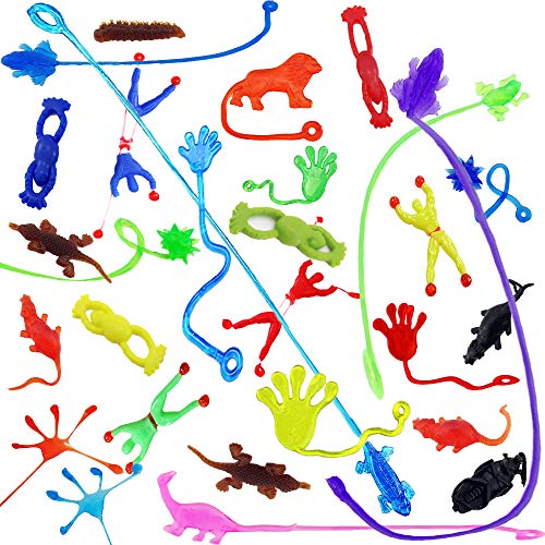 Product Cover Sc0nni 72 Pieces Vinyl Stretchy Sticky Toy Assortment Including 12 Large Sticky Hands, 12 Wall Climber Men, 12 Sticky Hammers, 12 Sticky Animals, 12 Stretchy Flying Frogs and 12 Sticky Frogs.