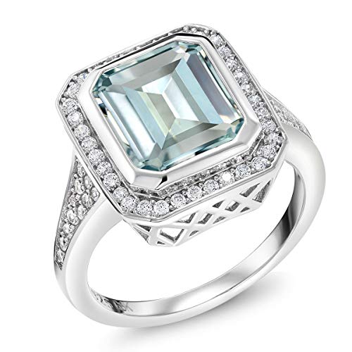 Product Cover Gem Stone King 925 Sterling Silver Simulated Aquamarine Women's Ring (5.00 Cttw Emerald Cut Available 5,6,7,8,9)