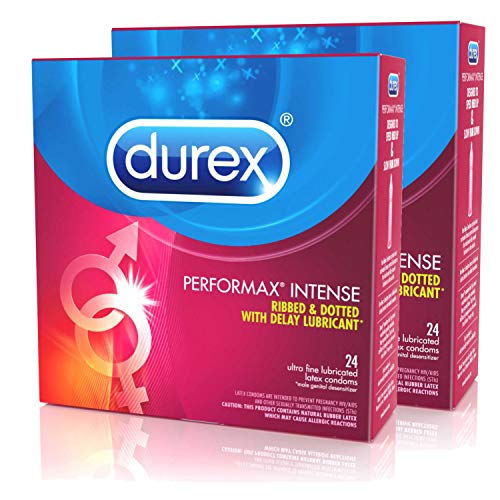 Product Cover Condoms,  Ultra Fine, Ribbed, Dotted with DelayLubricant, Durex Performax Intense Natural Latex Condoms, 48 Count, made with male desensitizing lube for men, HSA Eligible