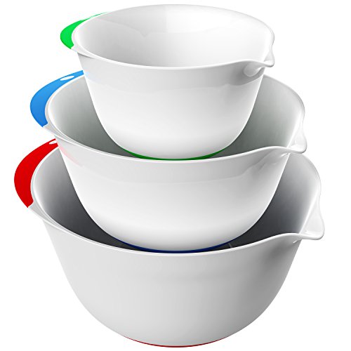 Product Cover Vremi 3 Piece Plastic Mixing Bowl Set - Nesting Mixing Bowls with Rubber Grip Handles Easy Pour Spout and Non Slip Bottom - Three Sizes Small Large Capacity for Kitchen Baking or Salad - White Multi