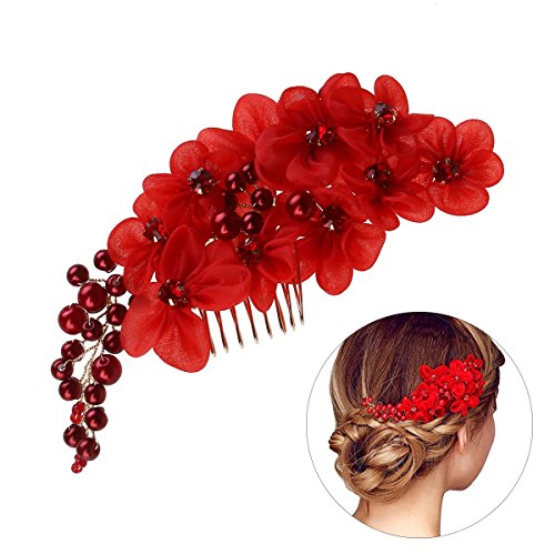 Product Cover Frcolor Wedding Flower Hair Comb Slide Clip with Pearl Rhinestone (Red)