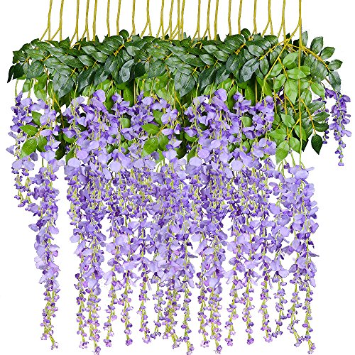 Product Cover 12 Pack 1 Piece 3.6 Feet Artificial Fake Wisteria Vine Ratta Hanging Garland Silk Flowers String Home Party Wedding Decor (Purple 2)