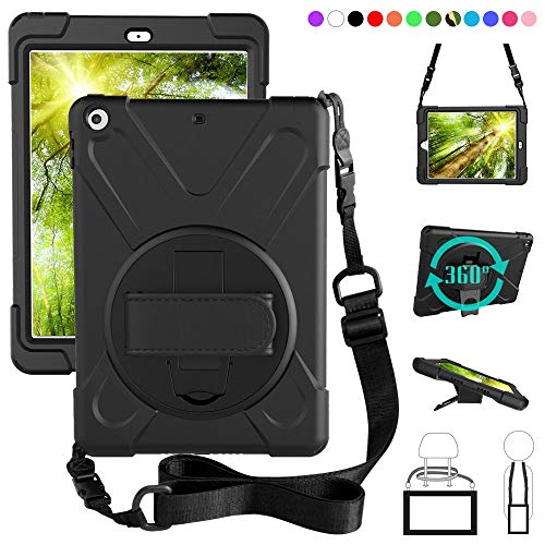 Product Cover ZenRich New iPad 9.7 2017 2018 Case,360 Degree Rotatable with Kickstand,Hand Strap and Shoulder Strap case, 3 Layer Hybrid Heavy Duty Shockproof case for iPad 9.7 5th/6th Generation (Black)