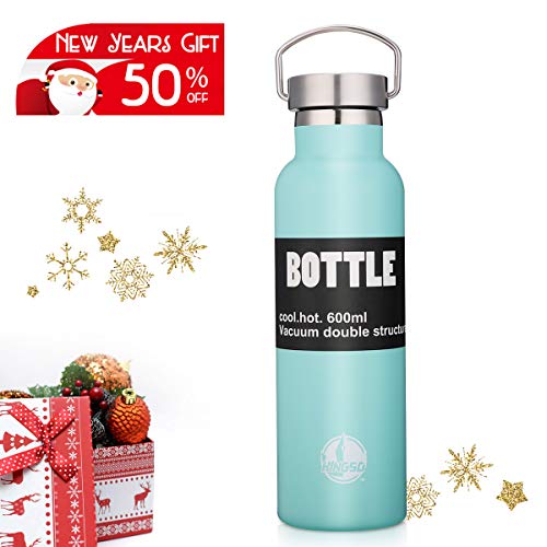 Product Cover KINGSO Flask Double Wall Vacuum Insulated Stainless Steel Sports Water Bottle 20 oz Leak & Sweat Proof Standard Mouth with BPA Free Screw Cap for Hot or Cold Beverages,Mint,600ML