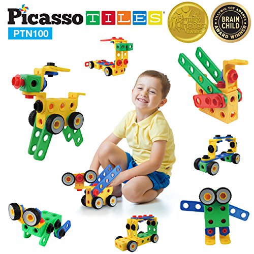 Product Cover PicassoTiles Learning S.T.E.A.M. Engineering Toy Kit 100 Piece Building Block 3D Construction Stacking Set 100pc Educational Blocks w/Idea Book Included, Anchors, Motor Wheel, and Storage Box PTN100