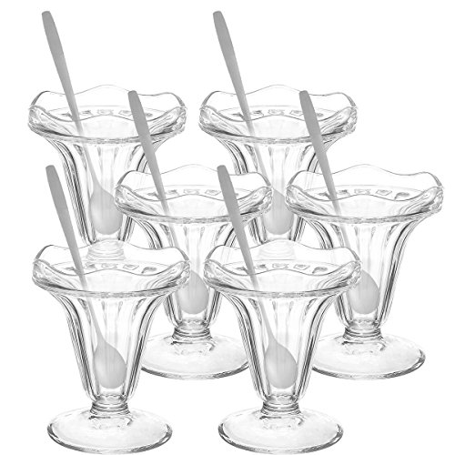 Product Cover Glokers Dessert Cups, 5.5 Ounce Ice Cream Bowl or Sundae Cup, Clear Glass Tumblers Including Long Handle Stainless Steel Sundae Spoons, Set of 6 Each