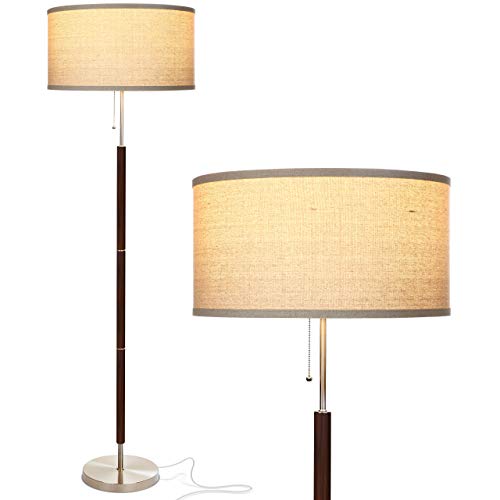 Product Cover Brightech Carter LED Mid Century Modern Floor Lamp - Contemporary Living Room Standing Light - Tall Pole, Drum Shade Lamp with Walnut Wood Finish