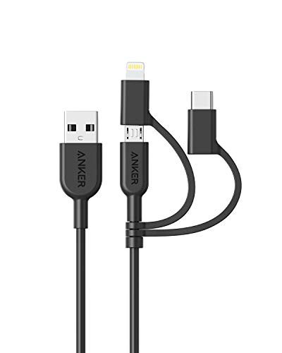 Product Cover Anker Powerline II 3-in-1 Cable, Lightning/Type C/Micro USB Cable for iPhone, iPad, Huawei, HTC, LG, Samsung Galaxy, Sony Xperia, Android Smartphones, iPad Pro 2018 and More(3ft, Black)
