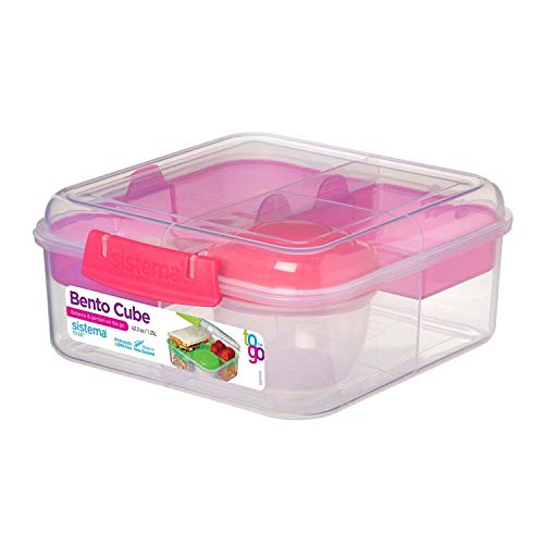 Product Cover Sistema 216853 To Go Collection Bento Cube Lunch Box, Small, Clear/Pink Klips