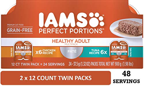 Product Cover IAMS Perfect Portions Healthy Adult Grain Free Wet Cat Food, Pate (24 Twin Packs), Variety: Chicken & Tuna
