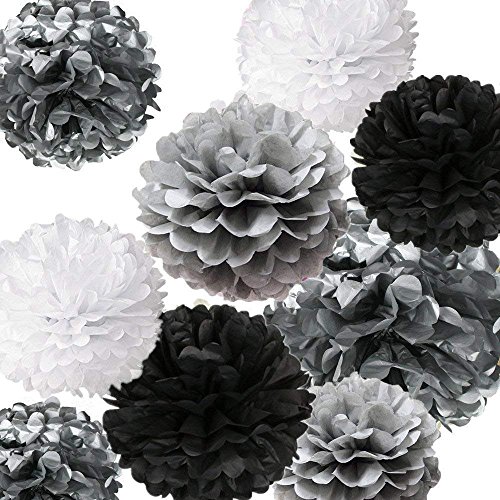 Product Cover Fonder Mols 12pcs Tissue Paper Pom Poms Flowers Decorations Silver Black Gray White (Mixed Sizes 8inch/10inch/12inch/14inch) for Chic Baby Shower, Bachelorette Backdrop, Nursery Room Decor