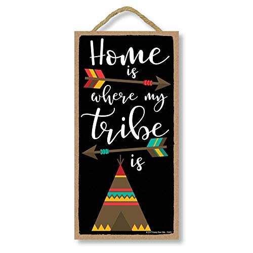 Product Cover Home is Where My Tribe is - 5 x 10 inch Hanging Wall Art, Decorative Wood Sign Home Decor