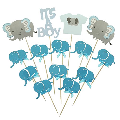 Product Cover Shxstore Gray and Blue Elephant Cake Cupcake Topper Picks For It's A Boy Baby Shower Birthday Themed Party Decorations Supplies
