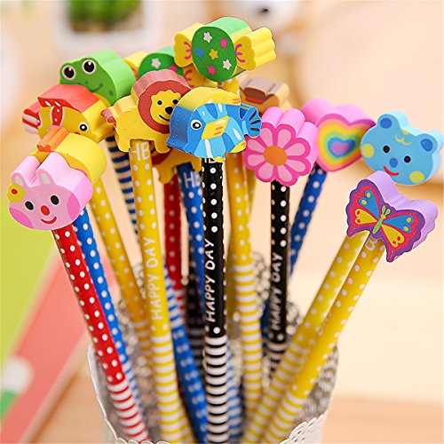 Product Cover Pack of 40 Colorful Novelty Cartoon Animals' Stripe Eraser Wood Pencils 7.28'' for Office School Supplies Students Children Gift (40pcs cartoon pencil with eraser)