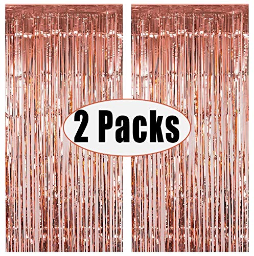 Product Cover FECEDY 2pcs 3ft x 8.3ft Rose Gold Metallic Tinsel Foil Fringe Curtains Photo Booth Props for Birthday Wedding Engagement Bridal Shower Baby Shower Bachelorette Holiday Celebration Party Decorations