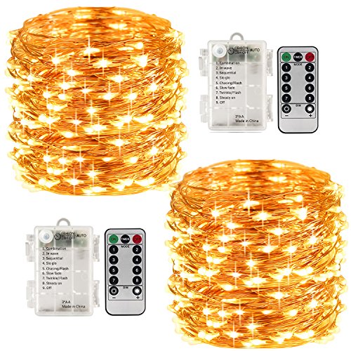 Product Cover LightsEtc 8 Modes 2 Pack 33 Feet 100 Led Fairy String Lights with Battery Remote Timer Control Operated Waterproof Copper Wire Fairy Lights for Room Wedding Garden Party Wall Tree Decoration